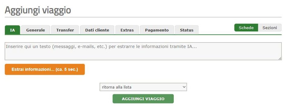 Modulo Aggiungi viaggio con schede e import IA