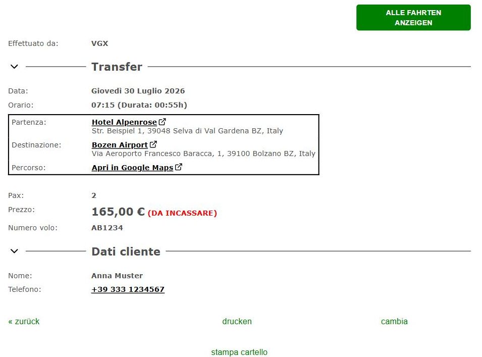 Detailseite einer Fahrt mit Strecke, Preis und Kundendaten
