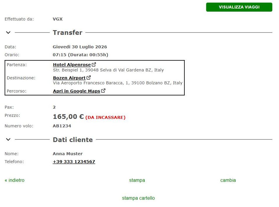 Pagina dei dettagli di una corsa con tratta, prezzo e dati del cliente